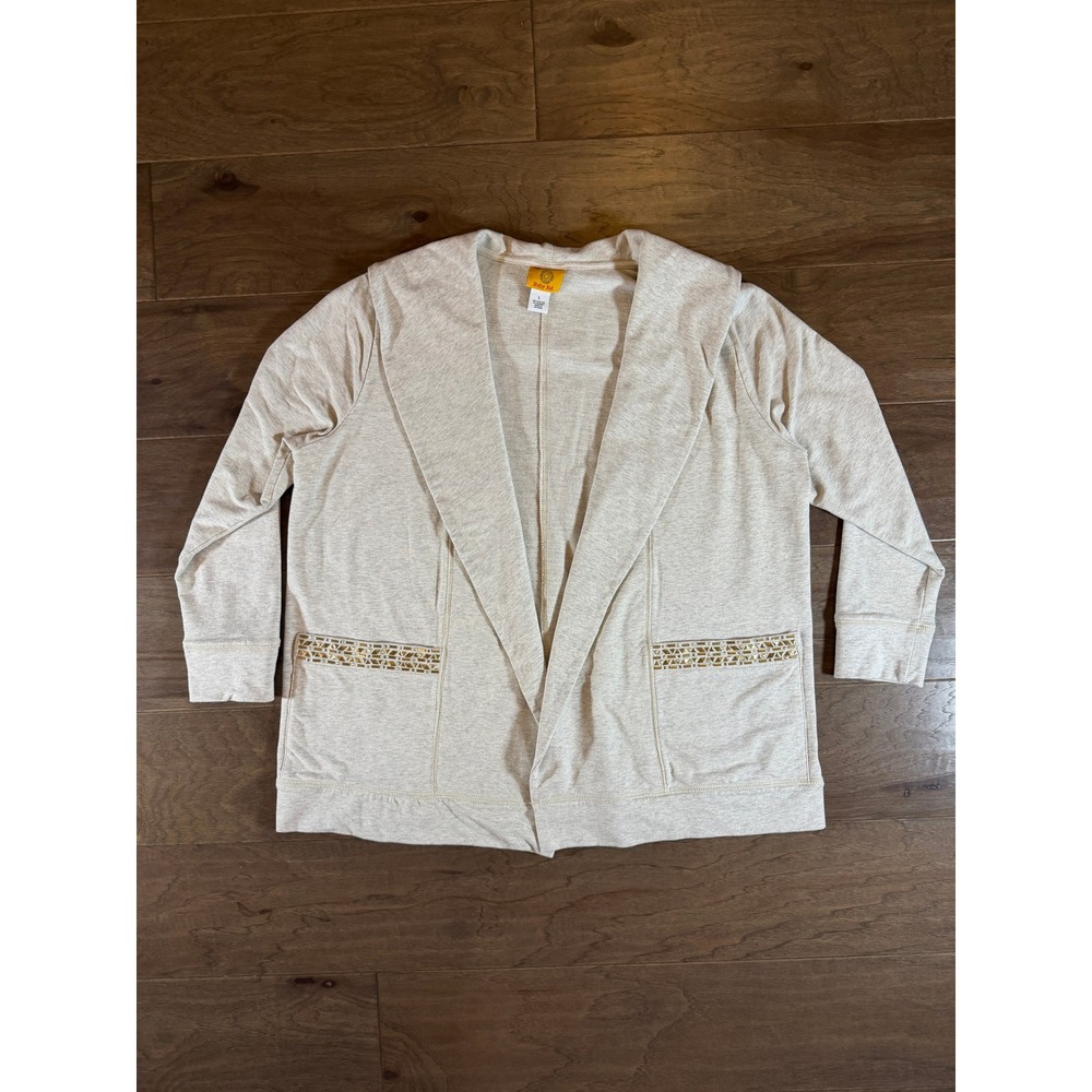 Ruby Rd Womens Oatmeal Heather Studded Pocket Shawl Collar Cardigan Large